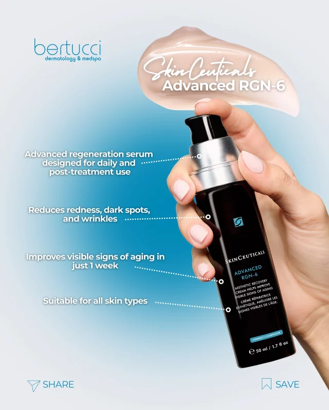 Introducing @skinceuticals Advanced RGN-6 to Bertucci Dermatology and MedSpa – a serum designed to elevate your skincare 💙. Supported by scientific research, it’s perfect for daily use and an ideal addition to post-treatment care. 
  
Looking to get your hands on Advanced RGN-6? Come in and speak to one of our skincare specialists or visit our online store today! 
  
#BertucciMedSpa #SkinCeuticals #RGN6 #DermatologyGradeSkincare #SkinInnovation #NewAtBertucci 
 
☎️: 905-850-4415  
🧑‍💻: www.bertuccimedspa.com 
📧: contact@bertuccimedspa.com  
📍: 8333 Weston Rd, Suite 100, Woodbridge, ON
 
bertucciderm - Disclaimer: All photos and videos are published with consent and are copyright Bertucci MedSpa, unless otherwise specified. Please do not use or distribute without written permission. Individual results will vary.